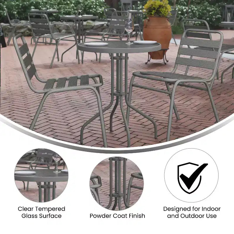 Emma et Oliver Table ronde en verre de 23,75 po avec 2 chaises empilables à lattes en aluminium