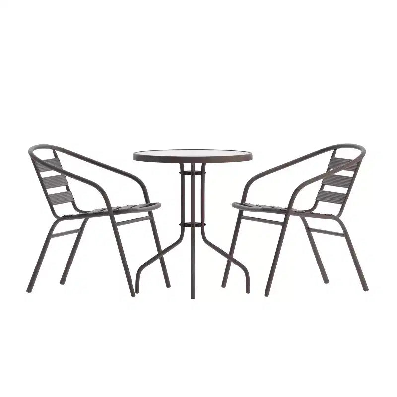Emma et Oliver Table ronde en verre de 23,75 po avec 2 chaises empilables à lattes en aluminium