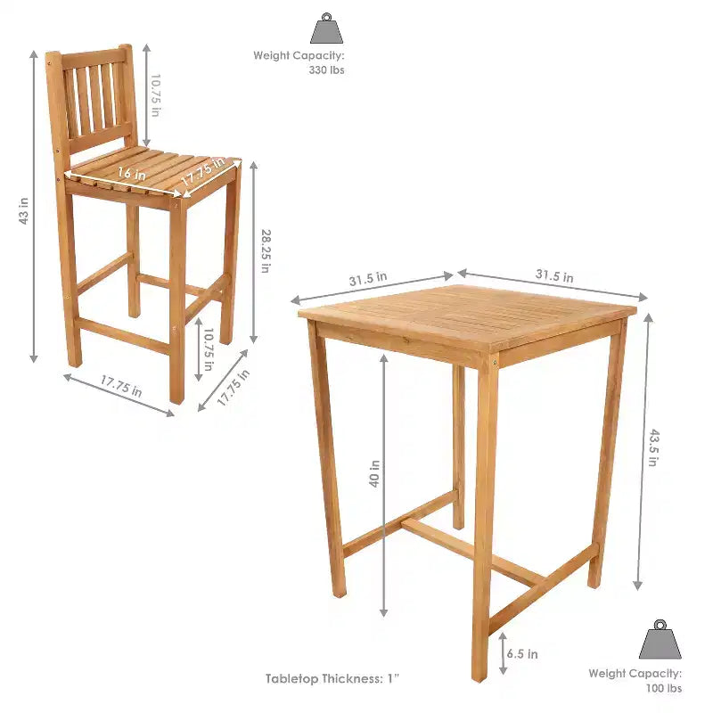 Ensemble de bar d'extérieur Sunnydaze 3 pièces en bois de teck - Marron