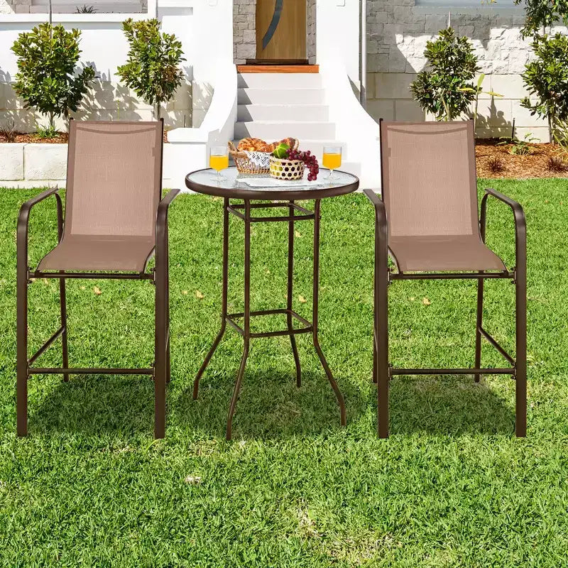 Costway 3 PCS Outdoor Patio Bar Table Stool Set Height Tempered Glass Top