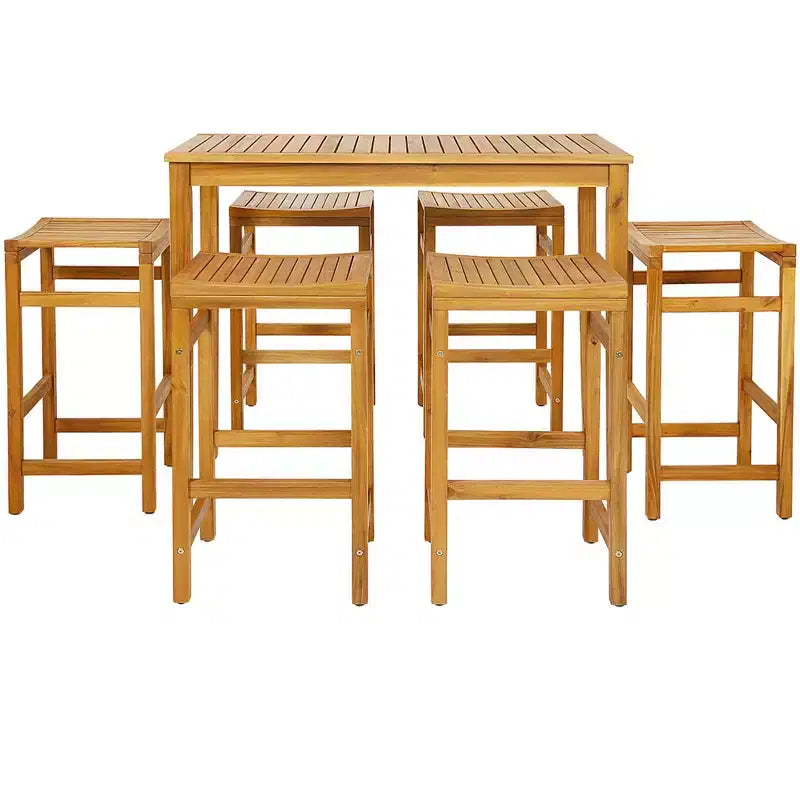 Costway 7 PCS Acacia Wood Bar Table Set 45 Rectangular Dining Table & 6 Saddle Stools