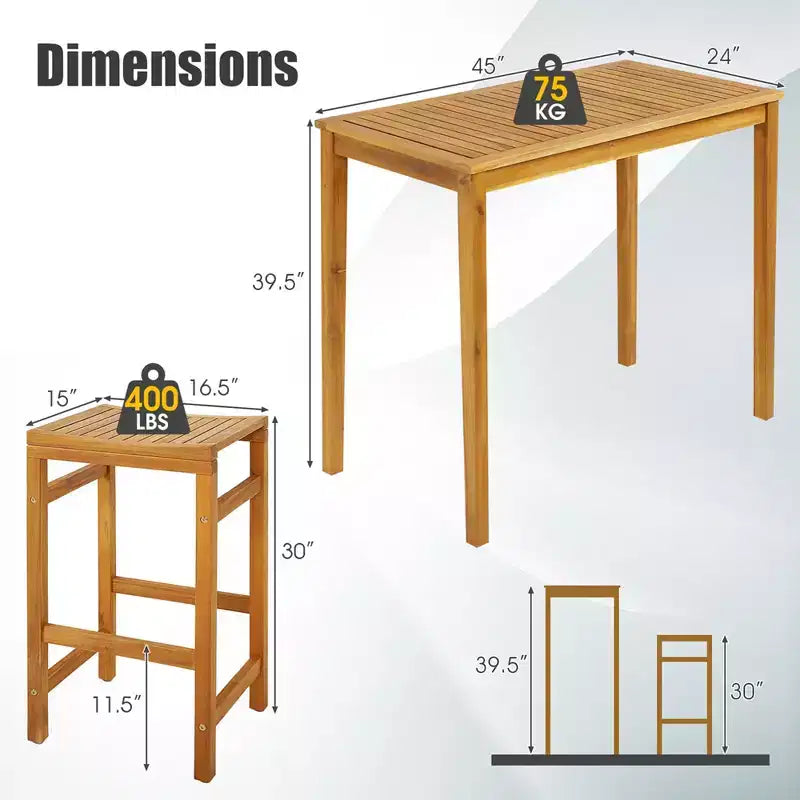 Costway Ensemble de Table de Bar 7 pièces en Bois d'Acacia Table à Manger Rectangulaire 45" et 6 Tabourets de Bar