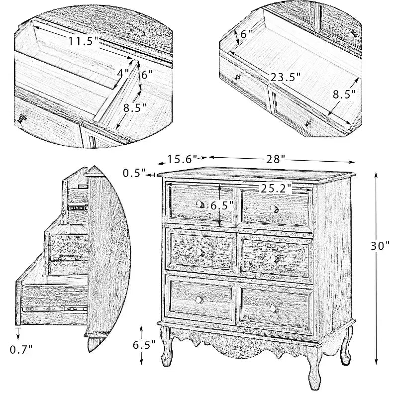 Commode d'appoint traditionnelle en bois massif de 32 po à 3 tiroirs avec station de charge