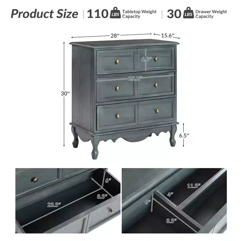 Commode d'appoint traditionnelle en bois massif de 32 po à 3 tiroirs avec station de charge