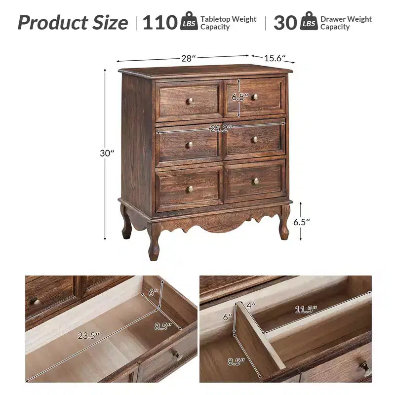 Commode d'appoint traditionnelle en bois massif de 32 po à 3 tiroirs avec station de charge