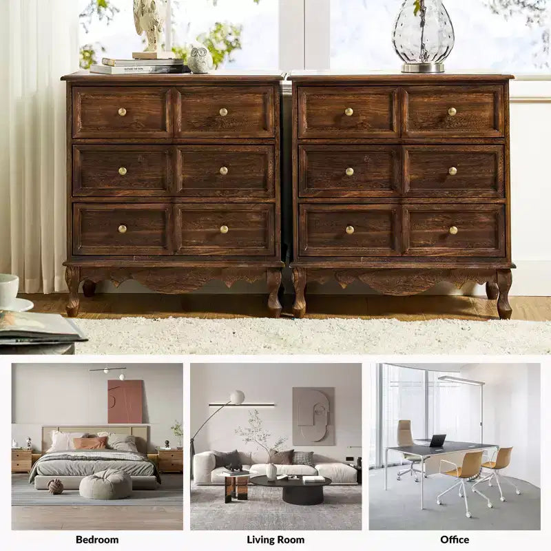 Commode d'appoint traditionnelle en bois massif de 32 po à 3 tiroirs avec station de charge