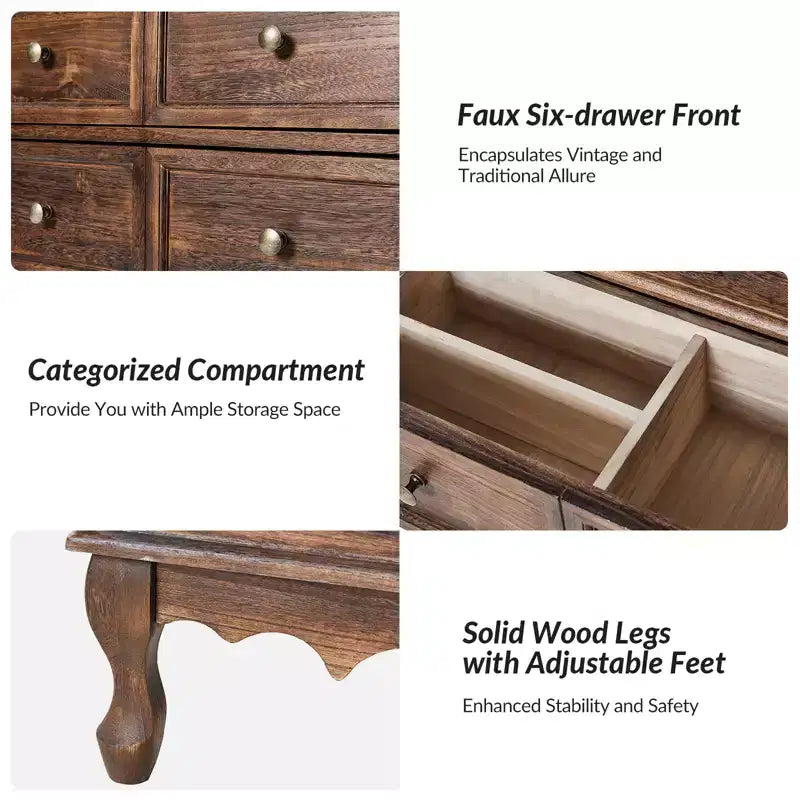 Commode d'appoint traditionnelle en bois massif de 32 po à 3 tiroirs avec station de charge