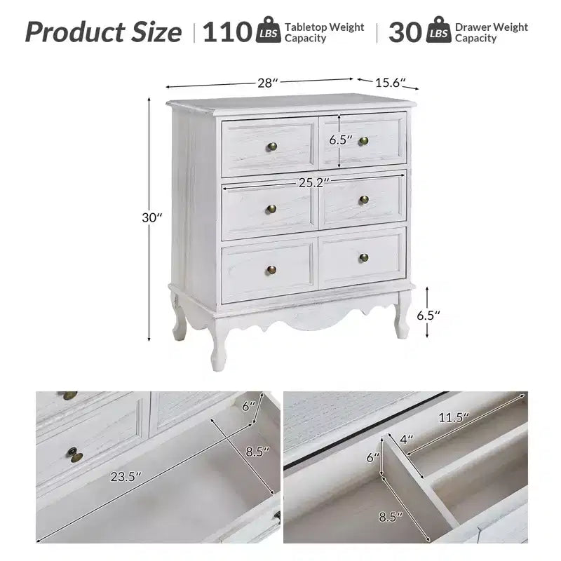 Commode d'appoint traditionnelle en bois massif de 32 po à 3 tiroirs avec station de charge