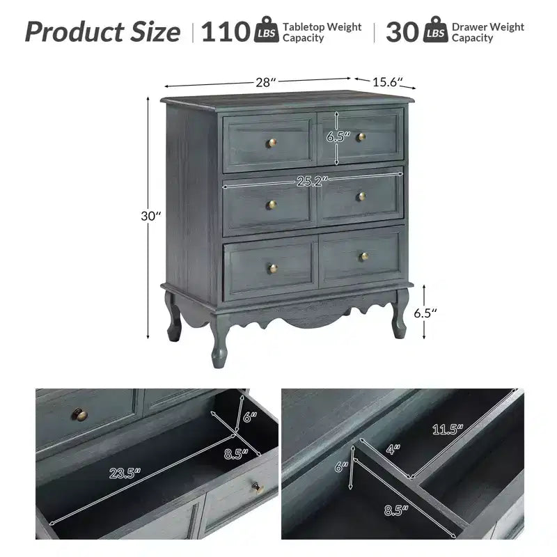 Commode d'appoint traditionnelle en bois massif de 32 po à 3 tiroirs avec station de charge