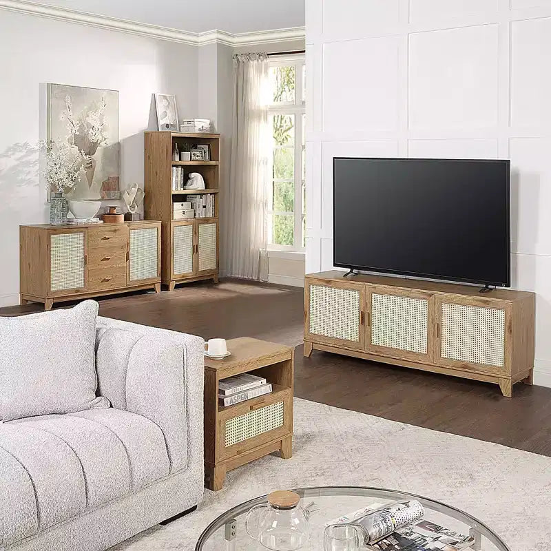 Meuble TV moderne à 6 étagères en rotin pour téléviseurs jusqu'à 55 po