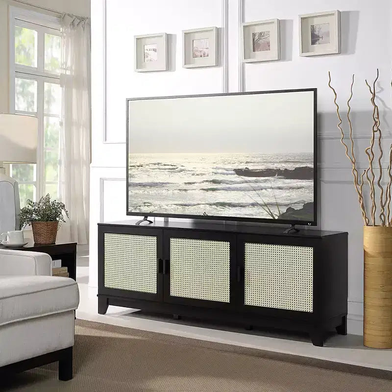 Meuble TV moderne à 6 étagères en rotin pour téléviseurs jusqu'à 55 po