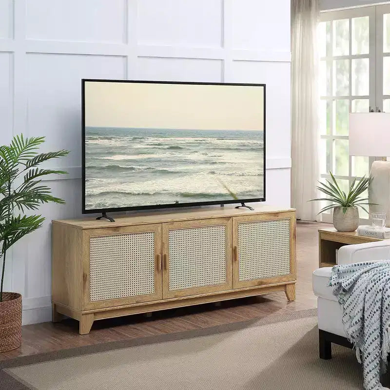Meuble TV moderne à 6 étagères en rotin pour téléviseurs jusqu'à 55 po