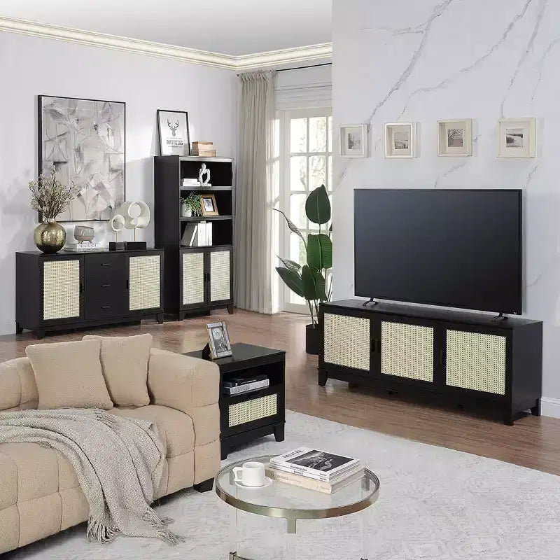 Meuble TV moderne à 6 étagères en rotin pour téléviseurs jusqu'à 55 po