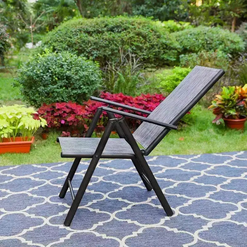 Captiva Designs Ensemble de salle à manger d'extérieur 9 pièces avec table carrée spacieuse à lattes en métal avec trou pour parasol et 8 chaises pliantes inclinables