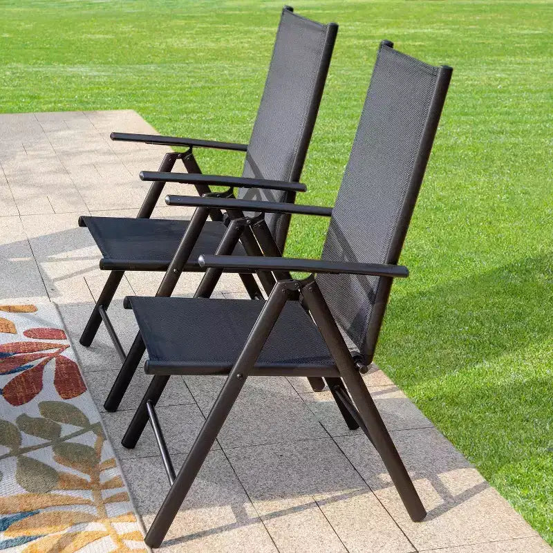 Captiva Designs Ensemble de salle à manger d'extérieur 9 pièces avec table carrée spacieuse à lattes en métal avec trou pour parasol et 8 chaises pliantes inclinables