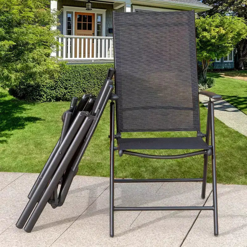 Captiva Designs Ensemble de salle à manger d'extérieur 9 pièces avec table carrée spacieuse à lattes en métal avec trou pour parasol et 8 chaises pliantes inclinables