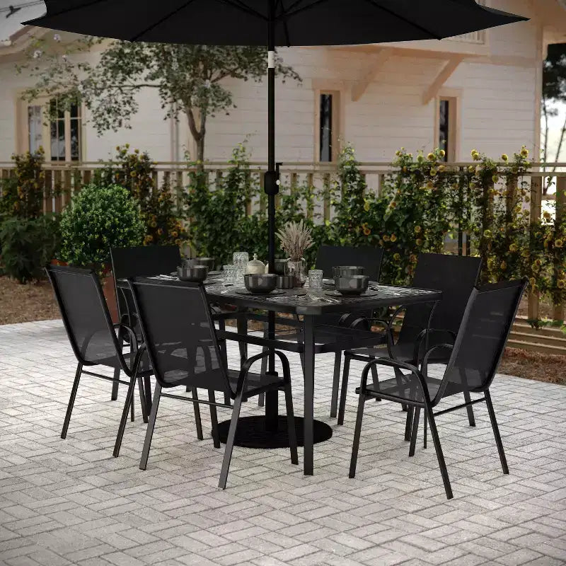 Ensemble de salle à manger de patio commercial Flash Furniture Brazos 7 pièces avec table de patio en verre trempé et 6 chaises avec sièges et dossiers en matériau Flex Comfort