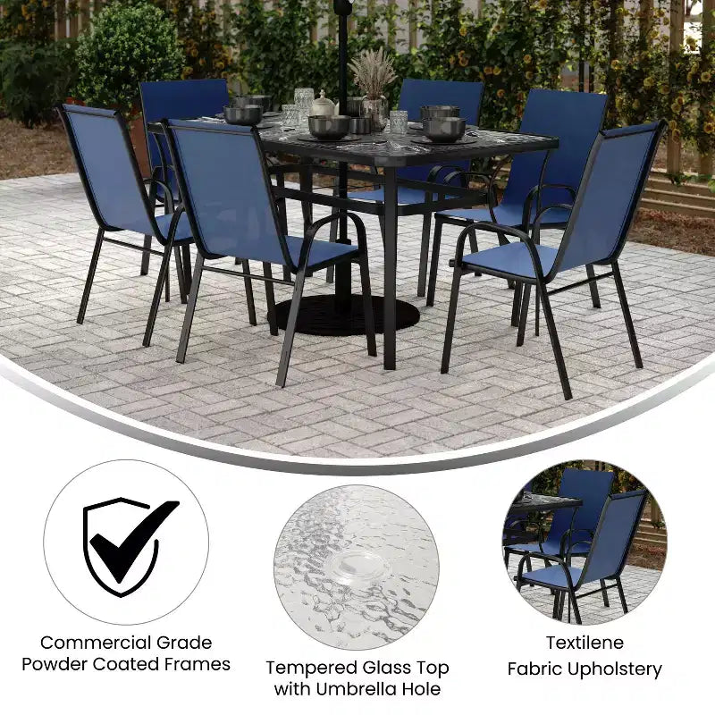 Ensemble de salle à manger de patio commercial Flash Furniture Brazos 7 pièces avec table de patio en verre trempé et 6 chaises avec sièges et dossiers en matériau Flex Comfort