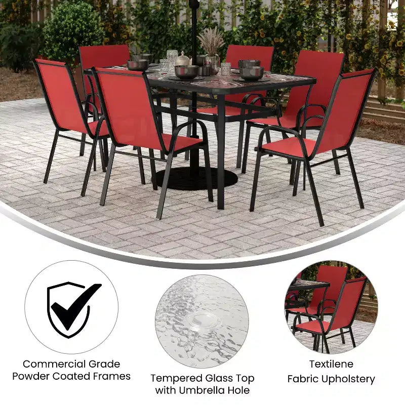 Ensemble de salle à manger de patio commercial Flash Furniture Brazos 7 pièces avec table de patio en verre trempé et 6 chaises avec sièges et dossiers en matériau Flex Comfort