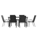 Ensemble de salle à manger de patio commercial Flash Furniture Brazos 7 pièces avec table de patio en verre trempé et 6 chaises avec sièges et dossiers en matériau Flex Comfort