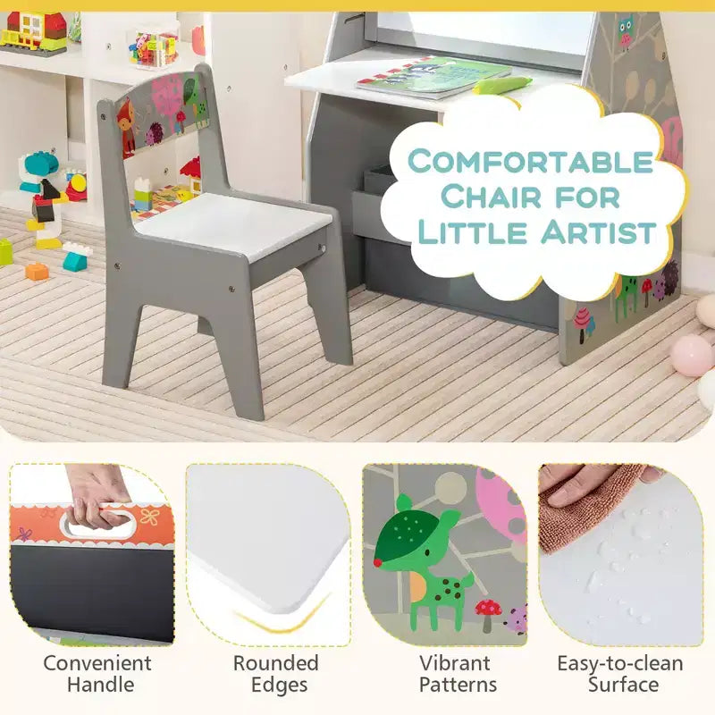 Costway Ensemble Table et Chaises pour Enfants avec Tableau Double Face Magnétique Rotatif (Ardoise et Tableau Blanc) Gris/Blanc