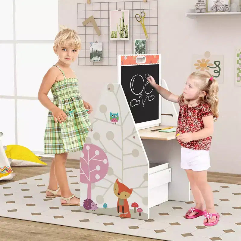 Costway Ensemble Table et Chaises pour Enfants avec Tableau Double Face Magnétique Rotatif (Ardoise et Tableau Blanc) Gris/Blanc
