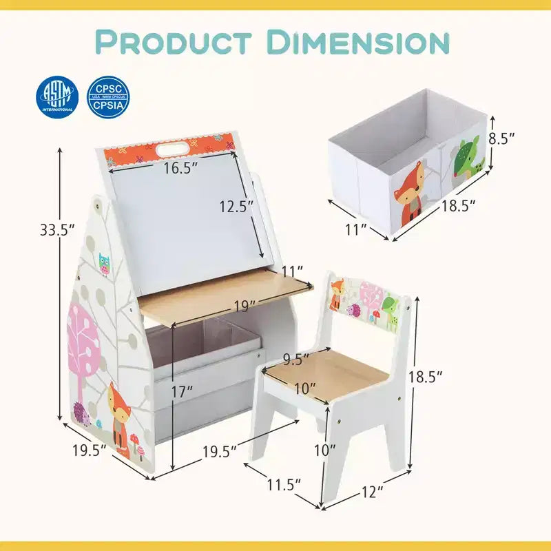 Costway Ensemble Table et Chaises pour Enfants avec Tableau Double Face Magnétique Rotatif (Ardoise et Tableau Blanc) Gris/Blanc