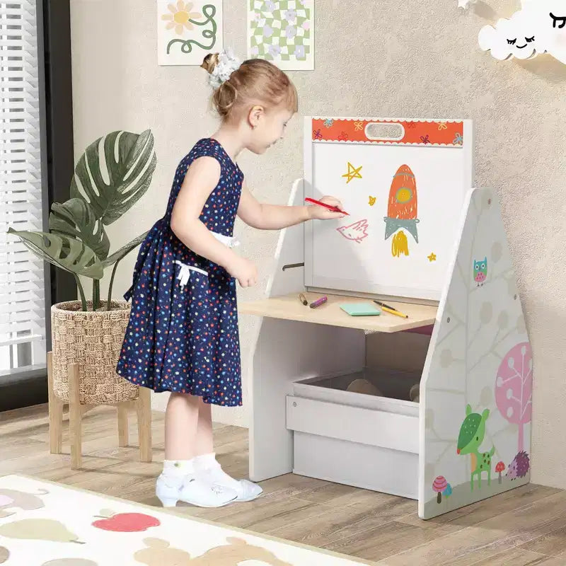 Costway Ensemble Table et Chaises pour Enfants avec Tableau Double Face Magnétique Rotatif (Ardoise et Tableau Blanc) Gris/Blanc
