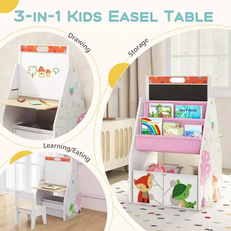 Costway Ensemble Table et Chaises pour Enfants avec Tableau Double Face Magnétique Rotatif (Ardoise et Tableau Blanc) Gris/Blanc