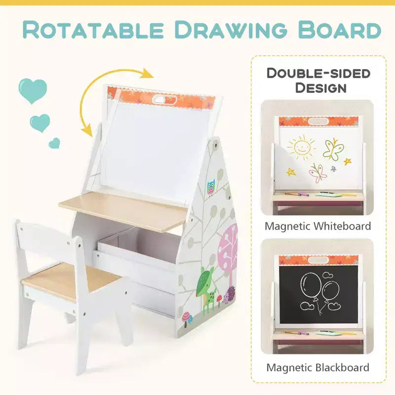 Costway Ensemble Table et Chaises pour Enfants avec Tableau Double Face Magnétique Rotatif (Ardoise et Tableau Blanc) Gris/Blanc