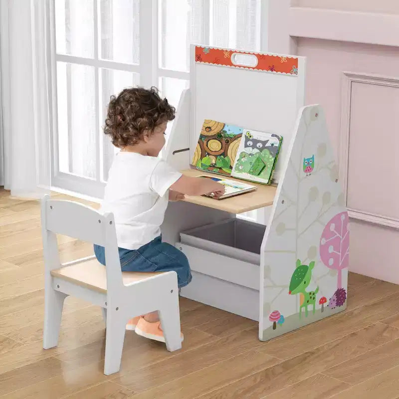 Costway Ensemble Table et Chaises pour Enfants avec Tableau Double Face Magnétique Rotatif (Ardoise et Tableau Blanc) Gris/Blanc