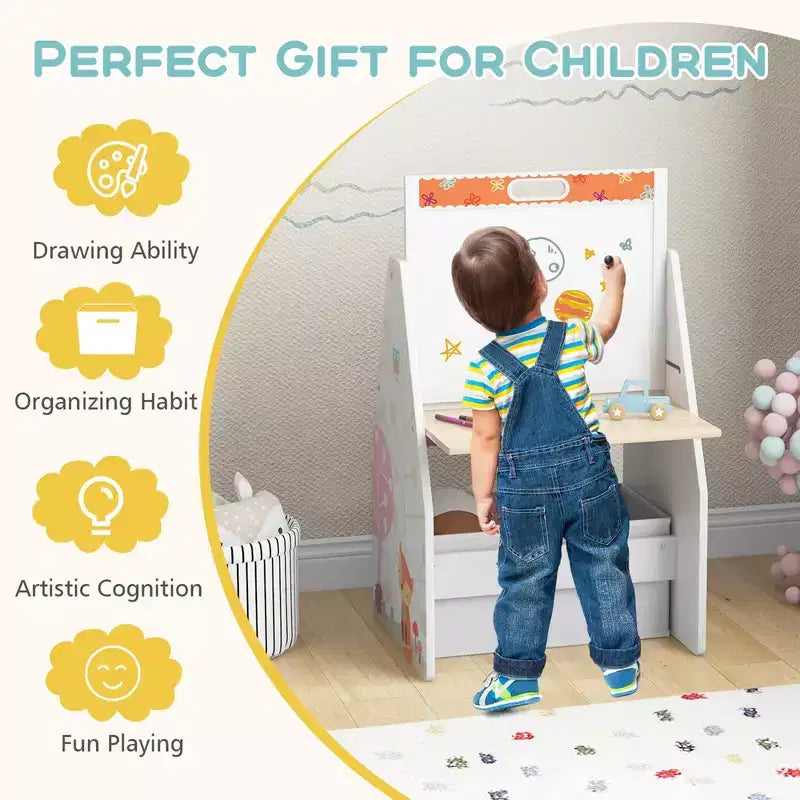 Costway Ensemble Table et Chaises pour Enfants avec Tableau Double Face Magnétique Rotatif (Ardoise et Tableau Blanc) Gris/Blanc