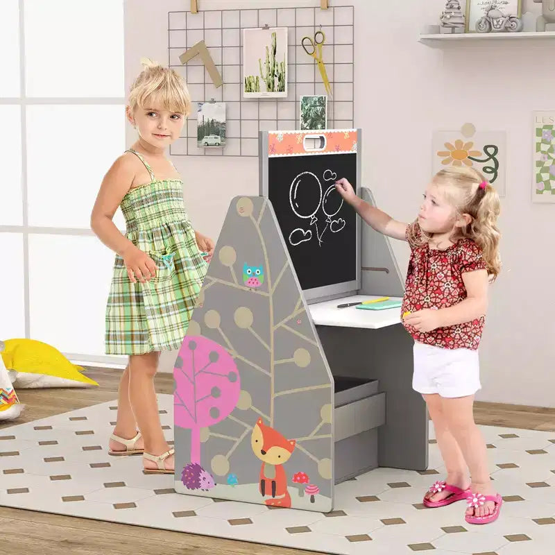 Costway Ensemble Table et Chaises pour Enfants avec Tableau Double Face Magnétique Rotatif (Ardoise et Tableau Blanc) Gris/Blanc