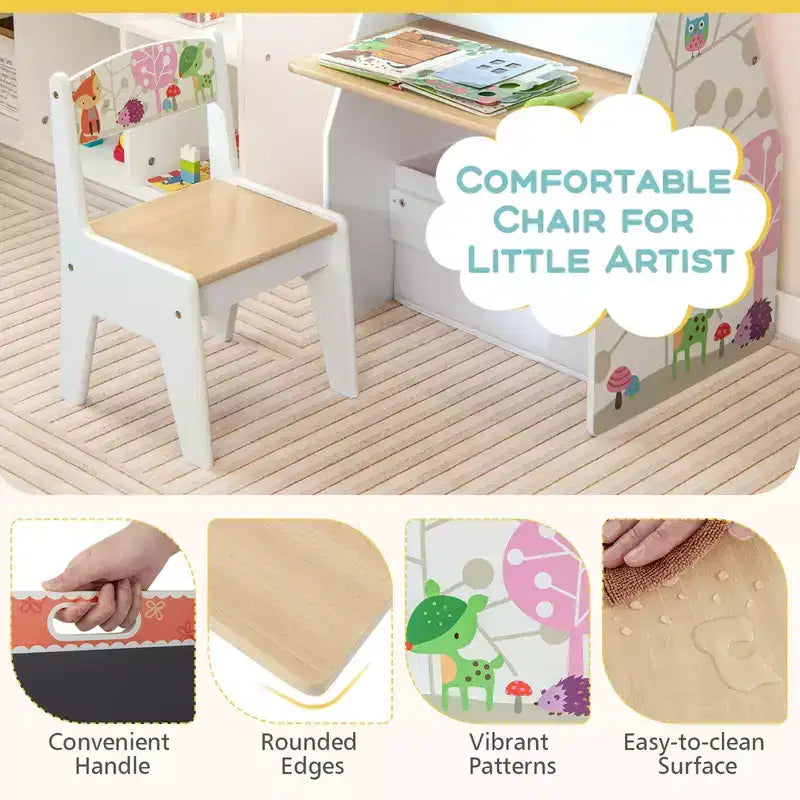 Costway Ensemble Table et Chaises pour Enfants avec Tableau Double Face Magnétique Rotatif (Ardoise et Tableau Blanc) Gris/Blanc