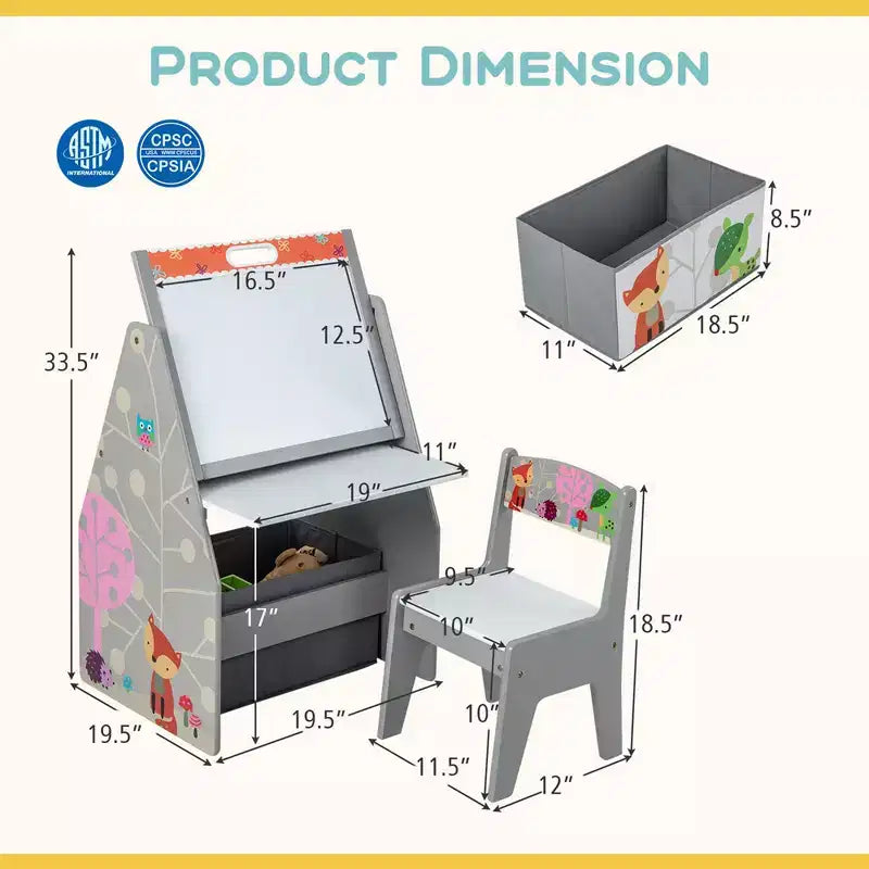 Costway Ensemble Table et Chaises pour Enfants avec Tableau Double Face Magnétique Rotatif (Ardoise et Tableau Blanc) Gris/Blanc