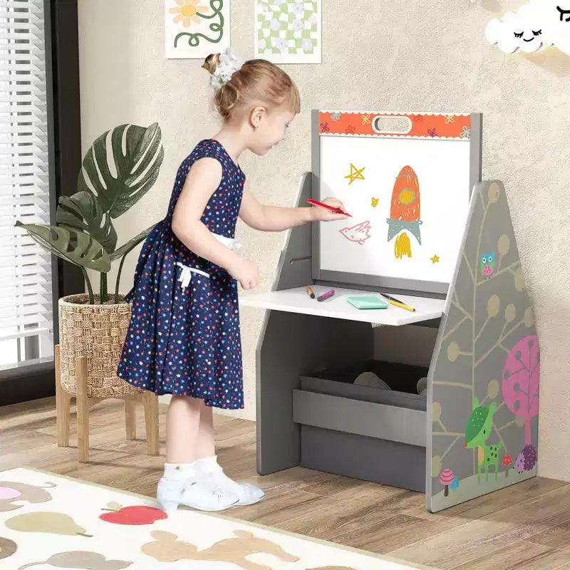 Costway Ensemble Table et Chaises pour Enfants avec Tableau Double Face Magnétique Rotatif (Ardoise et Tableau Blanc) Gris/Blanc