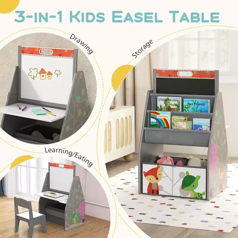 Costway Ensemble Table et Chaises pour Enfants avec Tableau Double Face Magnétique Rotatif (Ardoise et Tableau Blanc) Gris/Blanc