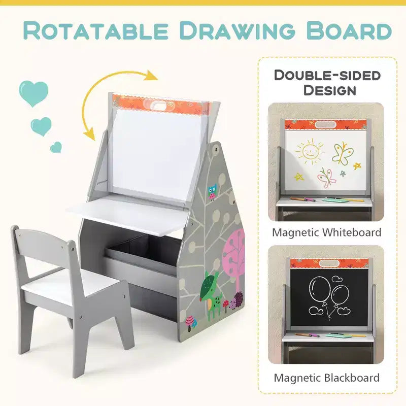 Costway Ensemble Table et Chaises pour Enfants avec Tableau Double Face Magnétique Rotatif (Ardoise et Tableau Blanc) Gris/Blanc