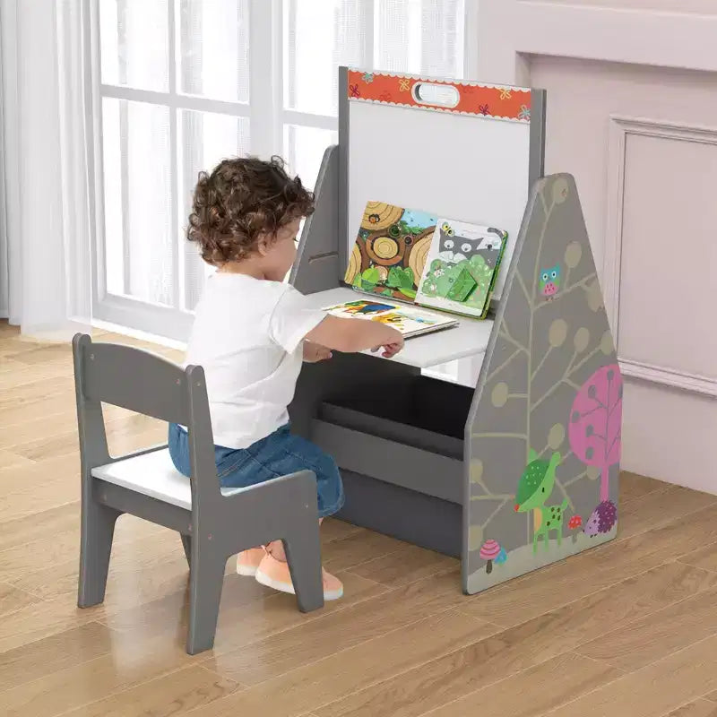Costway Ensemble Table et Chaises pour Enfants avec Tableau Double Face Magnétique Rotatif (Ardoise et Tableau Blanc) Gris/Blanc