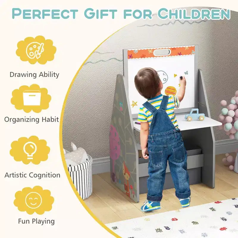 Costway Ensemble Table et Chaises pour Enfants avec Tableau Double Face Magnétique Rotatif (Ardoise et Tableau Blanc) Gris/Blanc