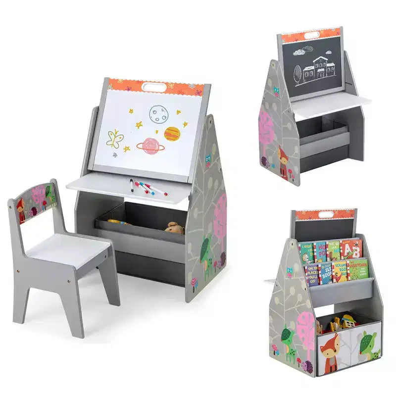 Costway Kids Table & Chair Set with Rotatable Double-sided Magnetic Blackboard & Whiteboard Grey/White