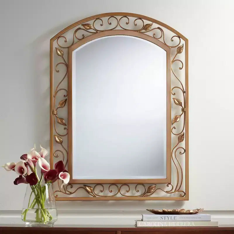 Miroir Mural de Coiffeuse Arch Top Vintage Français, Verre Biseauté, Cadre en Métal Doré Motif Vigne Fleur, 25 pouces de Large pour Salle de Bain