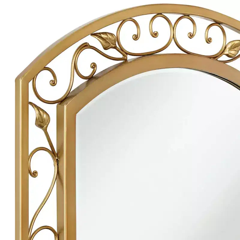 Miroir Mural de Coiffeuse Arch Top Vintage Français, Verre Biseauté, Cadre en Métal Doré Motif Vigne Fleur, 25 pouces de Large pour Salle de Bain