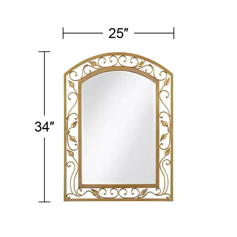 Miroir Mural de Coiffeuse Arch Top Vintage Français, Verre Biseauté, Cadre en Métal Doré Motif Vigne Fleur, 25 pouces de Large pour Salle de Bain