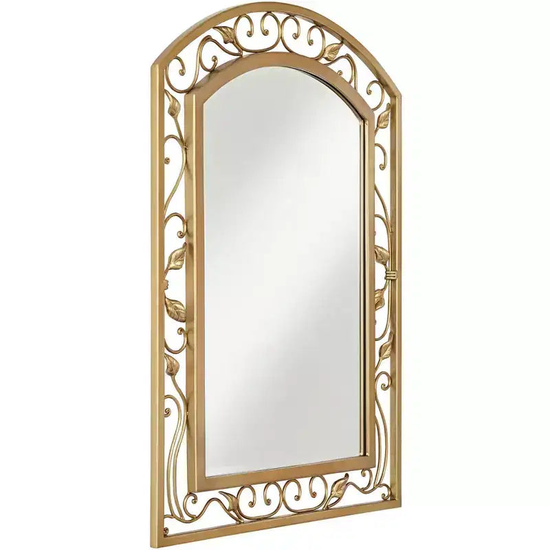 Miroir Mural de Coiffeuse Arch Top Vintage Français, Verre Biseauté, Cadre en Métal Doré Motif Vigne Fleur, 25 pouces de Large pour Salle de Bain