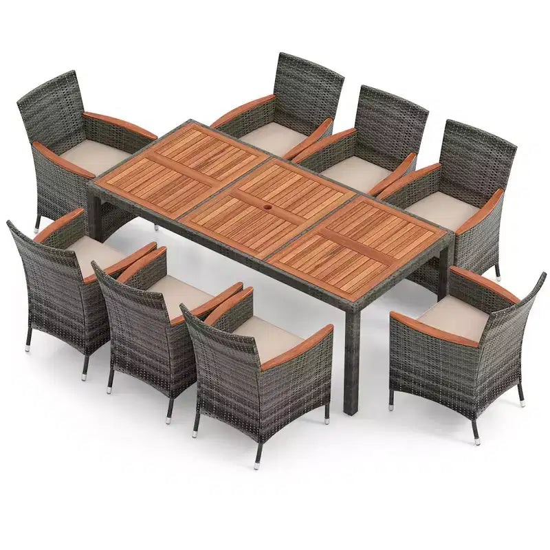 Costway Ensemble de salle à manger d'extérieur 9 pièces en osier avec table en bois d'acacia et 8 fauteuils