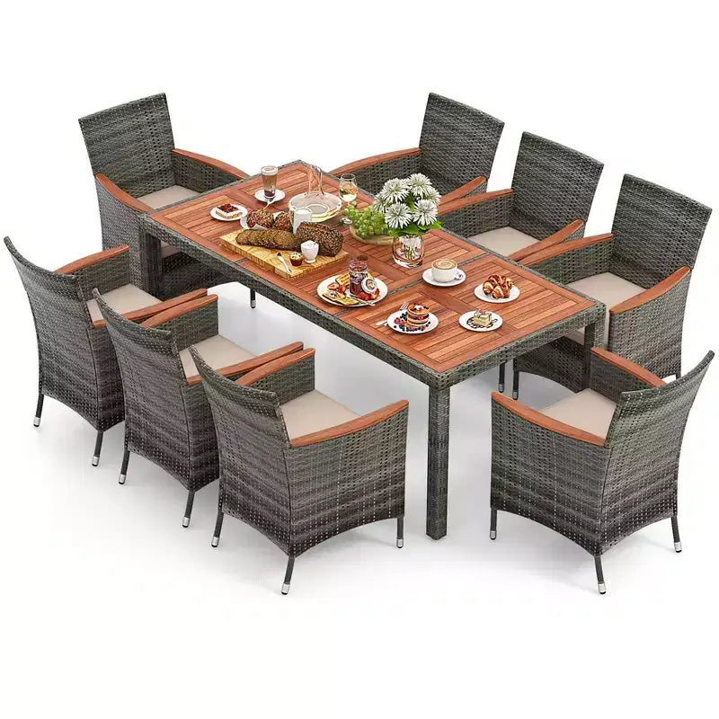 Costway Ensemble de salle à manger d'extérieur 9 pièces en osier avec table en bois d'acacia et 8 fauteuils