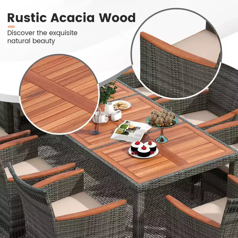 Costway Ensemble de salle à manger d'extérieur 9 pièces en osier avec table en bois d'acacia et 8 fauteuils
