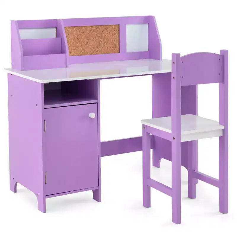 Bureau d'étude pour enfants, tableau blanc, marqueur, rehausse, meuble de rangement violet/blanc