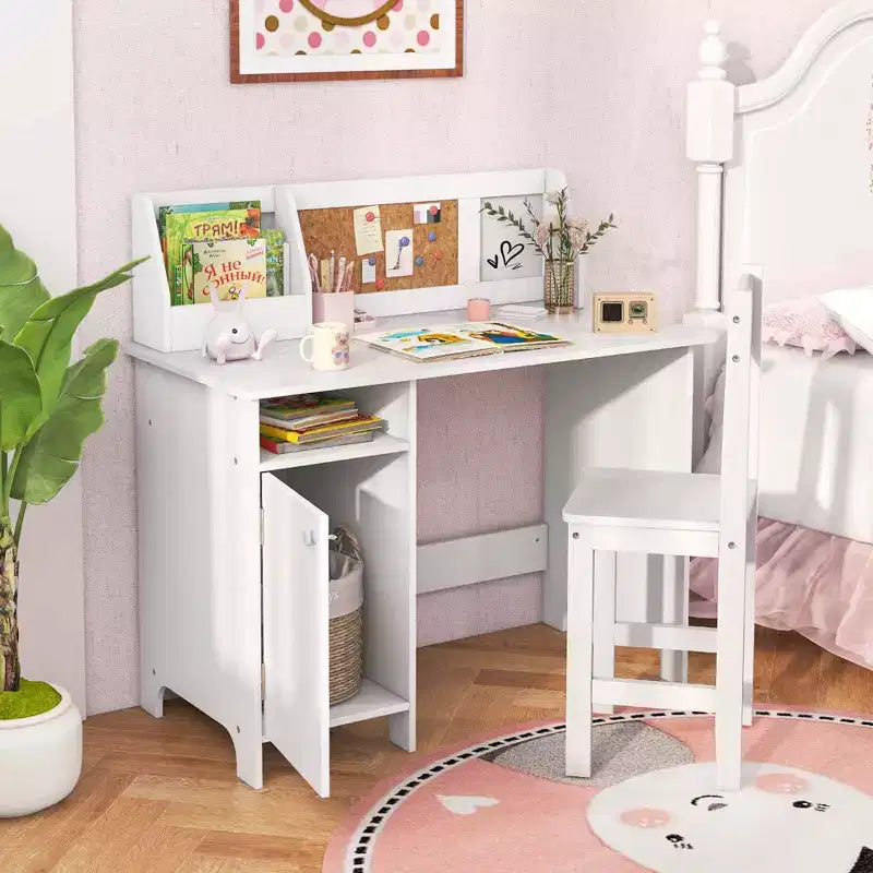 Bureau d'étude pour enfants, tableau blanc, marqueur, rehausse, meuble de rangement violet/blanc